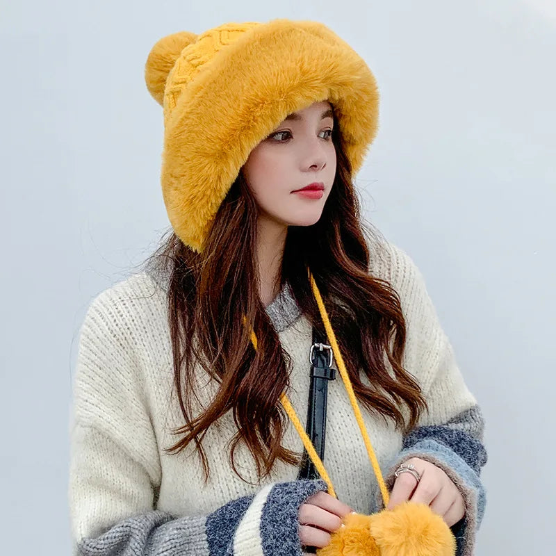 Gorro tejido de lana suave y peluche grueso para invierno - mujer