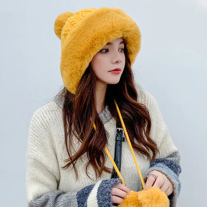 Gorro tejido de lana suave y peluche grueso para invierno - mujer