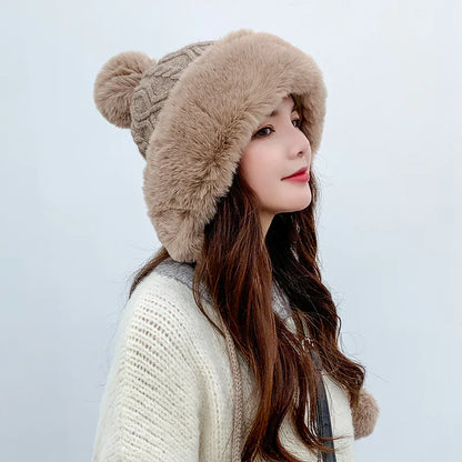 Gorro tejido de lana suave y peluche grueso para invierno - mujer