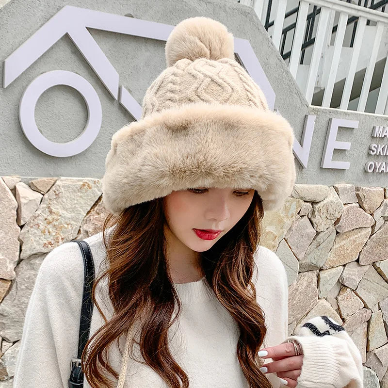 Gorro tejido de lana suave y peluche grueso para invierno - mujer