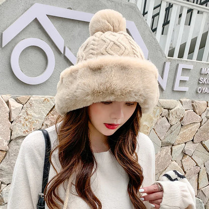 Gorro tejido de lana suave y peluche grueso para invierno - mujer