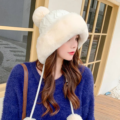 Gorro tejido de lana suave y peluche grueso para invierno - mujer