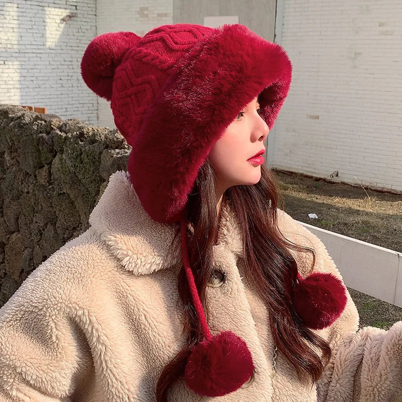 Gorro tejido de lana suave y peluche grueso para invierno - mujer