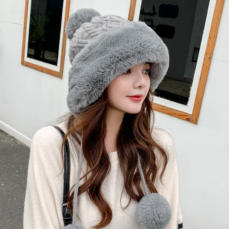 Gorro tejido de lana suave y peluche grueso para invierno - mujer