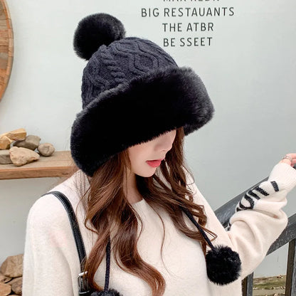 Gorro tejido de lana suave y peluche grueso para invierno - mujer
