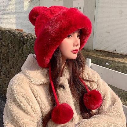 Gorro tejido de lana suave y peluche grueso para invierno - mujer