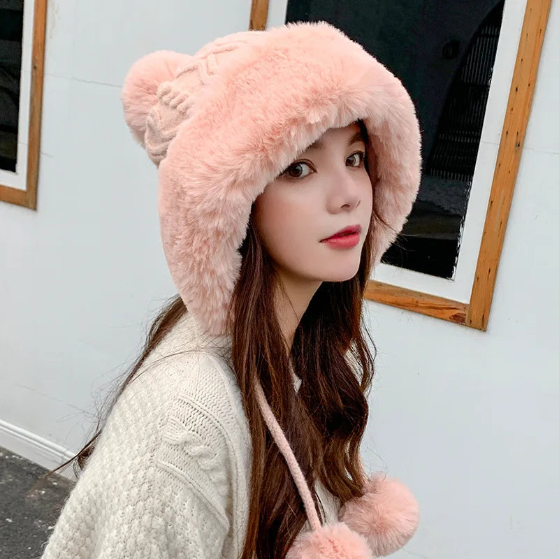 Gorro tejido de lana suave y peluche grueso para invierno - mujer