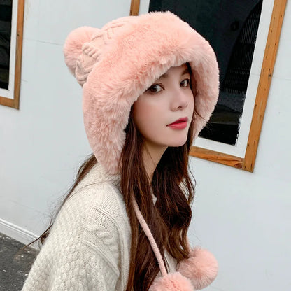Gorro tejido de lana suave y peluche grueso para invierno - mujer