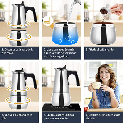 Cafetera Moka Italiana Acero Inoxidable 6 Tazas 300ml