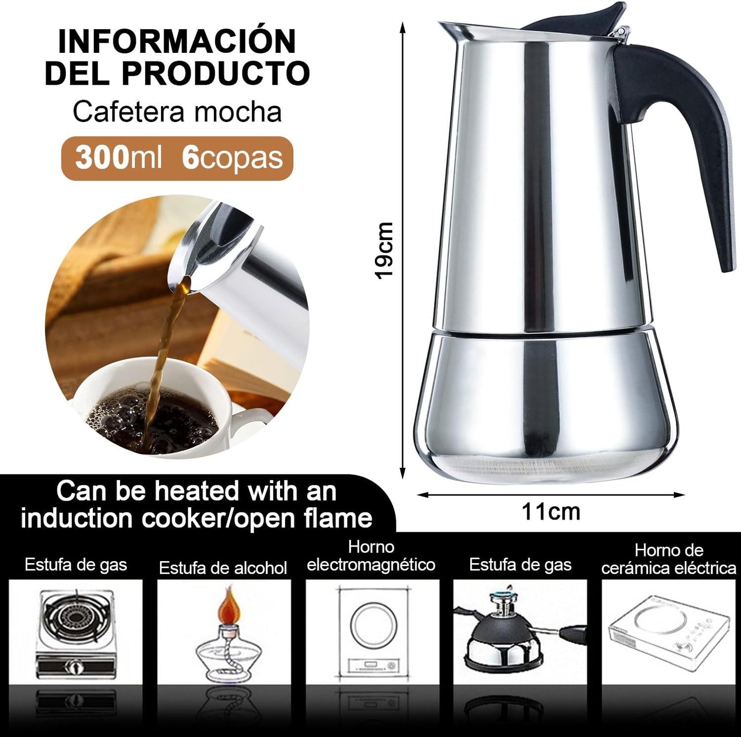 Cafetera Moka Italiana Acero Inoxidable 6 Tazas 300ml