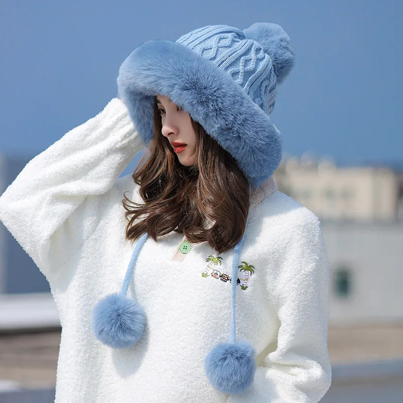 Gorro tejido de lana suave y peluche grueso para invierno - mujer