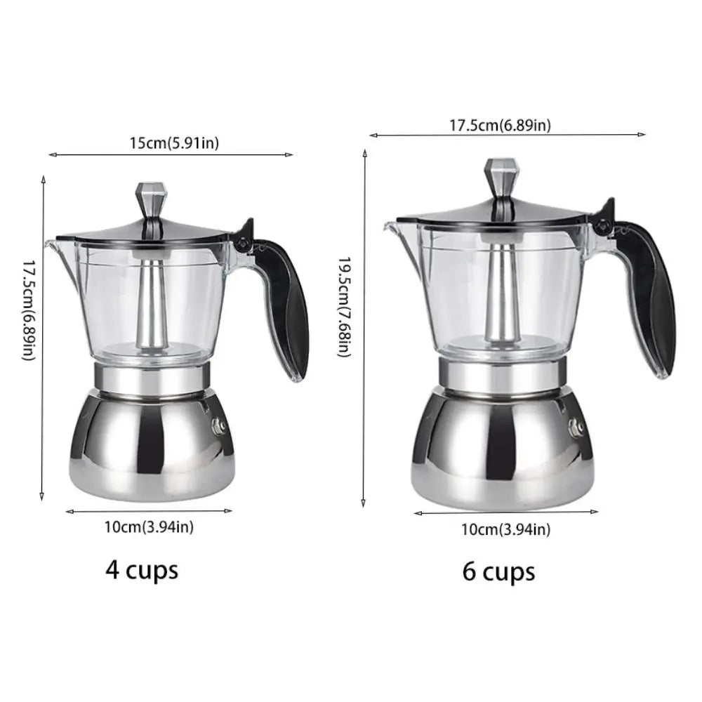 Cafetera Moka Italiana Trasparente en Acero Inoxidable de 200ml y 300ml