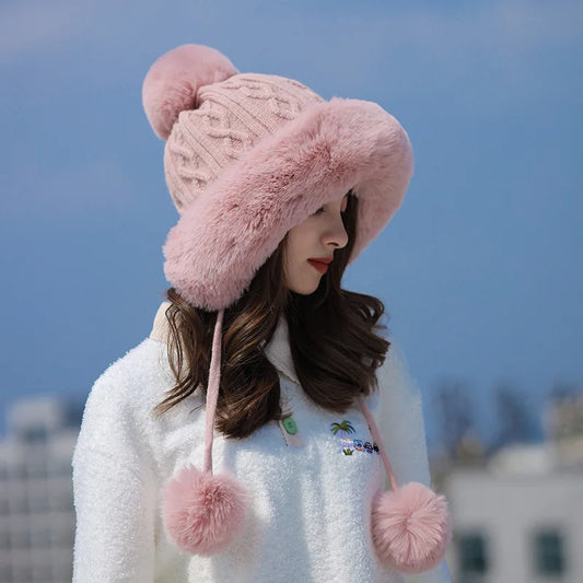 Gorro tejido de lana suave y peluche grueso para invierno - mujer