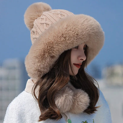 Gorro tejido de lana suave y peluche grueso para invierno - mujer