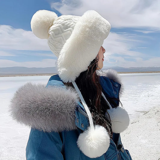 Gorro tejido de lana suave y peluche grueso para invierno - mujer